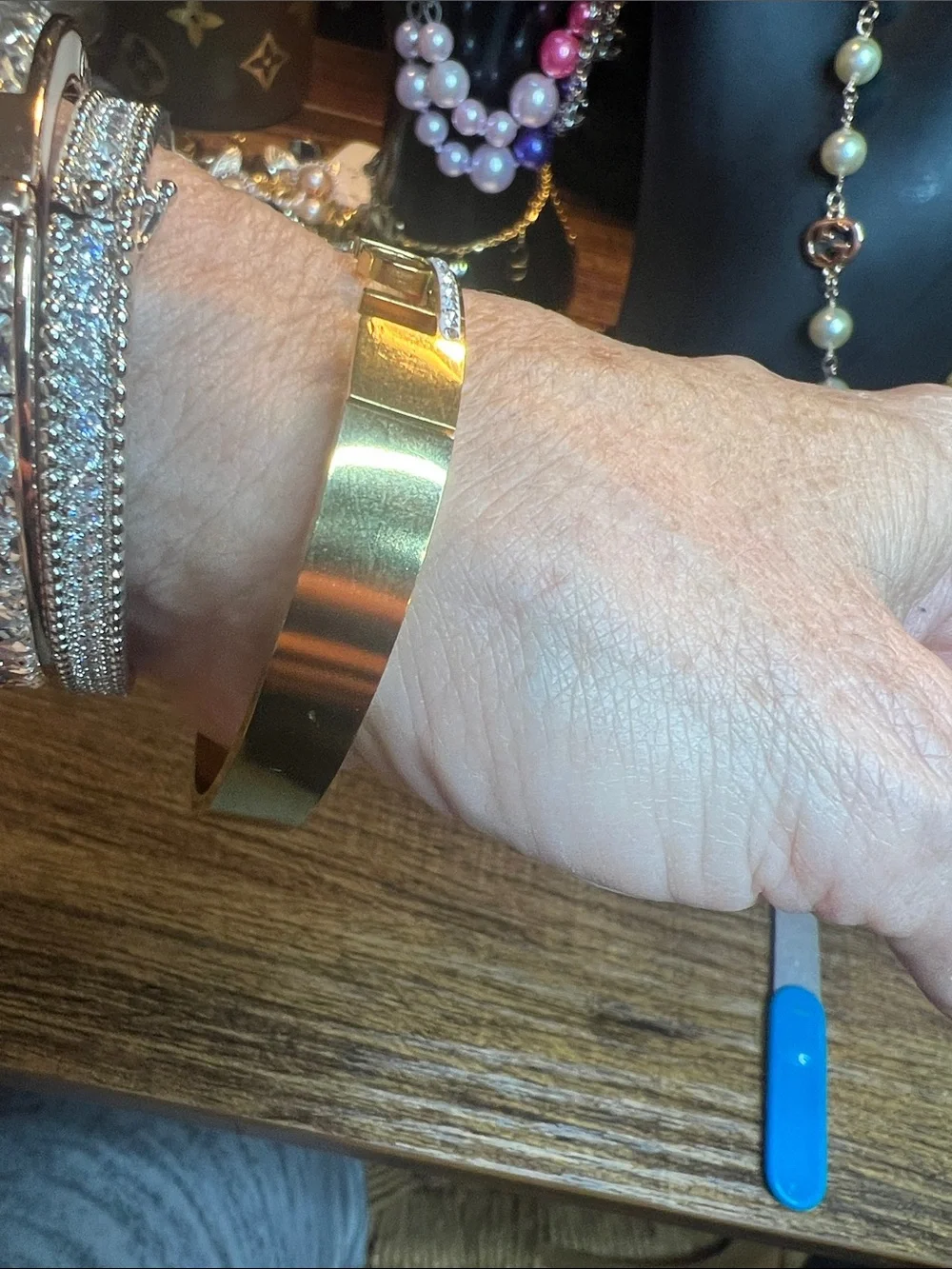 Gold-Tone Stainless Steel Letter Accent Hinged Cuff Bracelet - Women Jewelry